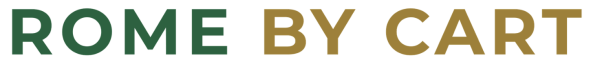 Text logo: 'ROME BY CART' in green and gold letters