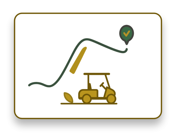 Illustration of a golf cart with a rising line ending in a checkmark pin.