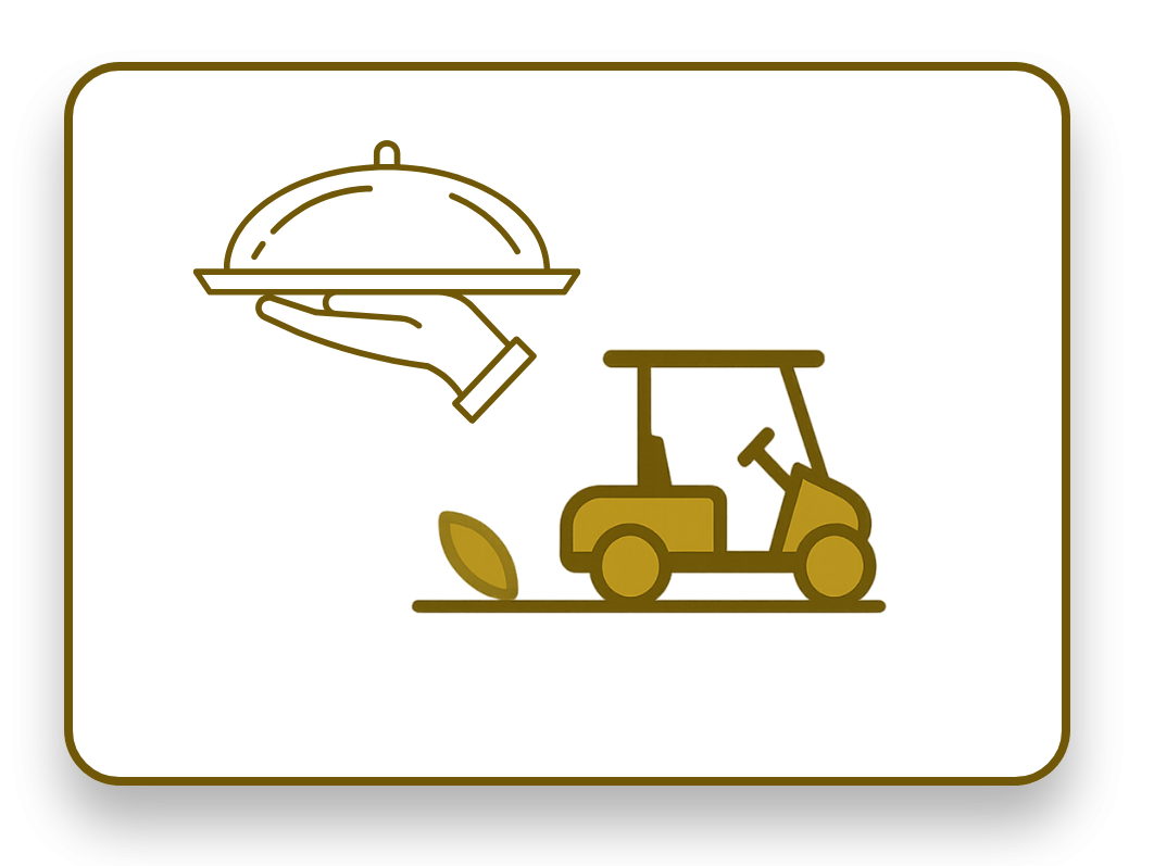 Icon of a hand holding a food tray next to a golf cart.